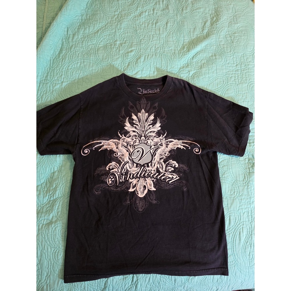 Y2K Vindicated Graphic T-Shirt Mens L Blk/White Filigree Crest Cotton Tee Gothic